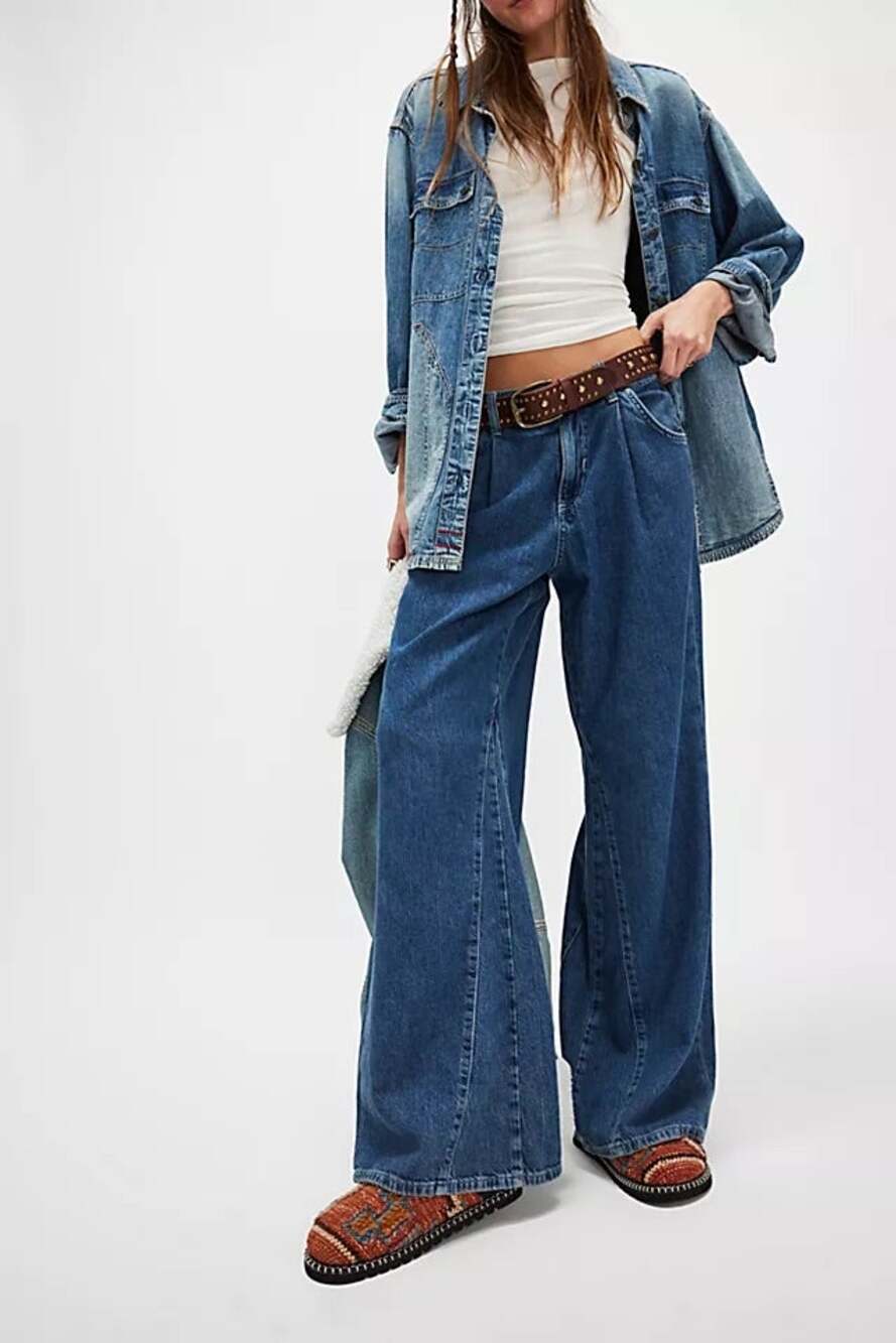 We The Free Sheridan Trouser Flare Jeans Size 28 Mid Rise Linen Denim Wide Leg
